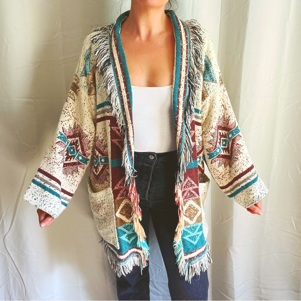 VTG Handmade Southwestern Aztec Native American Blanket Fringe Cardigan / Coat - Picture 12 of 16